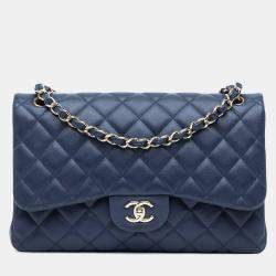 Pre Owned Chanel Blue Caviar Leather Jumbo Classic Double Flap Shoulder Bag