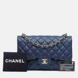 Pre Owned Chanel Blue Caviar Leather Jumbo Classic Double Flap Shoulder Bag