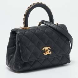 Pre Owned Chanel Black Quilted Caviar Leather Extra Mini Coco Chain Top Handle Bag