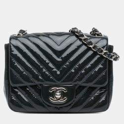 Chanel Navy Patent Leather Mini Square Classic Chevron Shoulder Bag