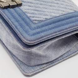 Pre Owned Chanel Blue Chevron Quilted Denim Small Boy Flap Bag