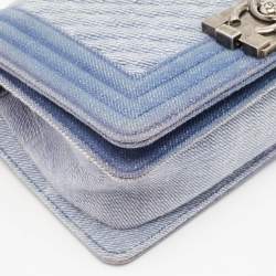 Pre Owned Chanel Blue Chevron Quilted Denim Small Boy Flap Bag