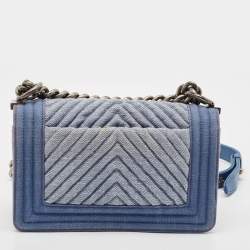 Pre Owned Chanel Blue Chevron Quilted Denim Small Boy Flap Bag