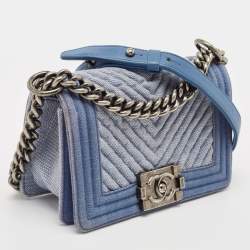 Pre Owned Chanel Blue Chevron Quilted Denim Small Boy Flap Bag
