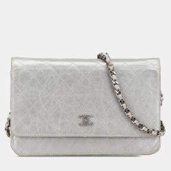 Chanel Silver CC Quilted Aged Calfskin Wallet On Chain