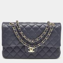 Pre Owned Chanel Navy Blue Quilted Caviar Leather Medium Classic Double Flap Bag