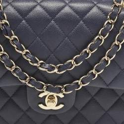 Pre Owned Chanel Navy Blue Quilted Caviar Leather Medium Classic Double Flap Bag