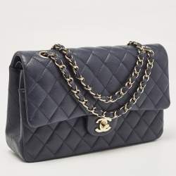 Pre Owned Chanel Navy Blue Quilted Caviar Leather Medium Classic Double Flap Bag