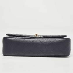 Pre Owned Chanel Navy Blue Quilted Caviar Leather Medium Classic Double Flap Bag