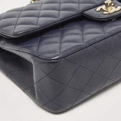 Pre Owned Chanel Navy Blue Quilted Caviar Leather Medium Classic Double Flap Bag