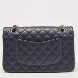 Pre Owned Chanel Navy Blue Quilted Caviar Leather Medium Classic Double Flap Bag