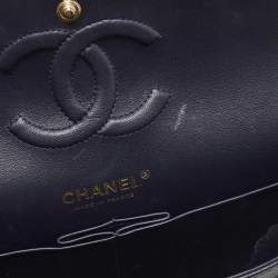 Pre Owned Chanel Navy Blue Quilted Caviar Leather Medium Classic Double Flap Bag