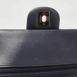 Pre Owned Chanel Navy Blue Quilted Caviar Leather Medium Classic Double Flap Bag