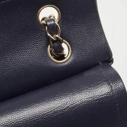 Pre Owned Chanel Navy Blue Quilted Caviar Leather Medium Classic Double Flap Bag