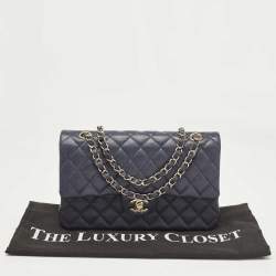 Pre Owned Chanel Navy Blue Quilted Caviar Leather Medium Classic Double Flap Bag