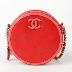 Chanel Red Quilted Lambskin Color Pop Round Clutch with Chain
