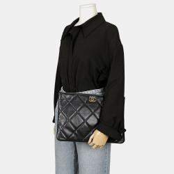 Chanel Black Quilted Goatskin Large 19 Wristlet Pouch 