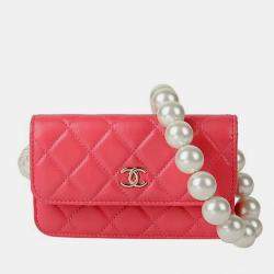 Chanel Pink Lambskin Leather Pearl Strap Mini Wallet on Chain