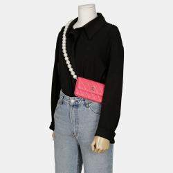 Chanel Pink Lambskin Leather Pearl Strap Mini Wallet on Chain