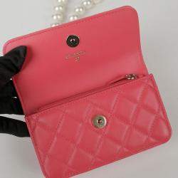 Chanel Pink Lambskin Leather Pearl Strap Mini Wallet on Chain