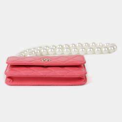 Chanel Pink Lambskin Leather Pearl Strap Mini Wallet on Chain