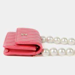 Chanel Pink Lambskin Leather Pearl Strap Mini Wallet on Chain