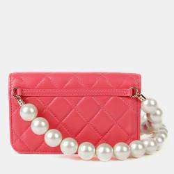 Chanel Pink Lambskin Leather Pearl Strap Mini Wallet on Chain