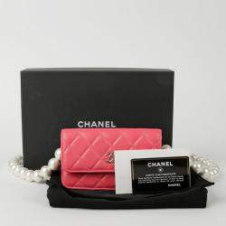 Chanel Pink Lambskin Leather Pearl Strap Mini Wallet on Chain