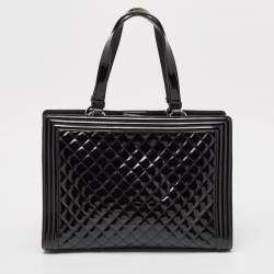 Chanel Black Quilted Patent Leather Large Boy Shopper Tote