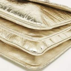 Pre Owned Chanel Gold Crackled Leather Medium Clams Pocket Flap Bag