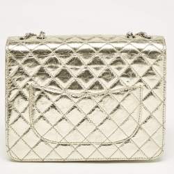 Pre Owned Chanel Gold Crackled Leather Medium Clams Pocket Flap Bag