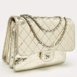 Pre Owned Chanel Gold Crackled Leather Medium Clams Pocket Flap Bag