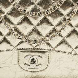 Pre Owned Chanel Gold Crackled Leather Medium Clams Pocket Flap Bag