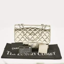 Pre Owned Chanel Gold Crackled Leather Medium Clams Pocket Flap Bag