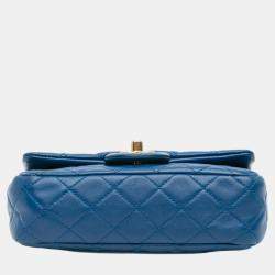 Pre Owned Chanel Blue Mini Rectangular Lambskin Pearl Crush Flap