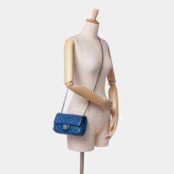 Pre Owned Chanel Blue Mini Rectangular Lambskin Pearl Crush Flap