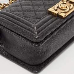 Pre Owned Chanel Black Quilted Caviar Leather Small Boy Flap Bag
