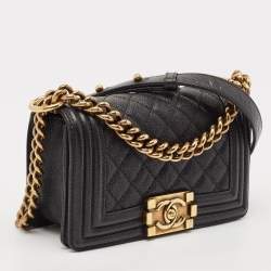 Pre Owned Chanel Black Quilted Caviar Leather Small Boy Flap Bag