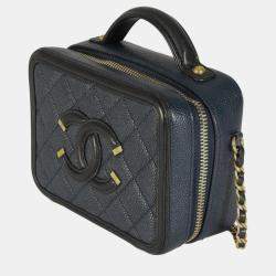 Chanel Black Navy Quilted Caviar Small CC FIligree Vanity Case