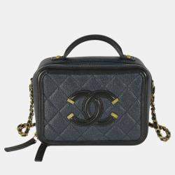 Chanel Black Navy Quilted Caviar Small CC FIligree Vanity Case