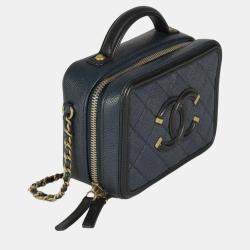 Chanel Black Navy Quilted Caviar Small CC FIligree Vanity Case