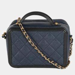 Chanel Black Navy Quilted Caviar Small CC FIligree Vanity Case