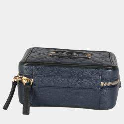 Chanel Black Navy Quilted Caviar Small CC FIligree Vanity Case