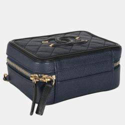 Chanel Black Navy Quilted Caviar Small CC FIligree Vanity Case