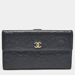Chanel Navy Blue Leather Camellia Trifold Continental Wallet