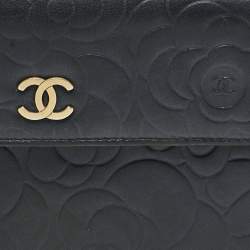 Chanel Navy Blue Leather Camellia Trifold Continental Wallet