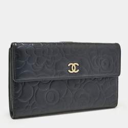 Chanel Navy Blue Leather Camellia Trifold Continental Wallet