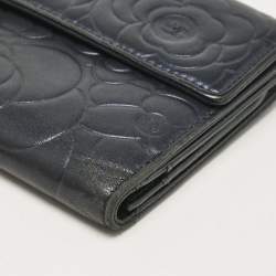 Chanel Navy Blue Leather Camellia Trifold Continental Wallet