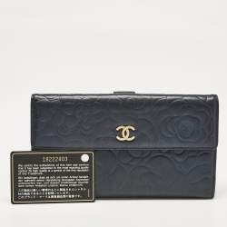 Chanel Navy Blue Leather Camellia Trifold Continental Wallet