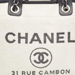 Chanel White/Navy Blue Raffia Large Deauville Shopper Tote